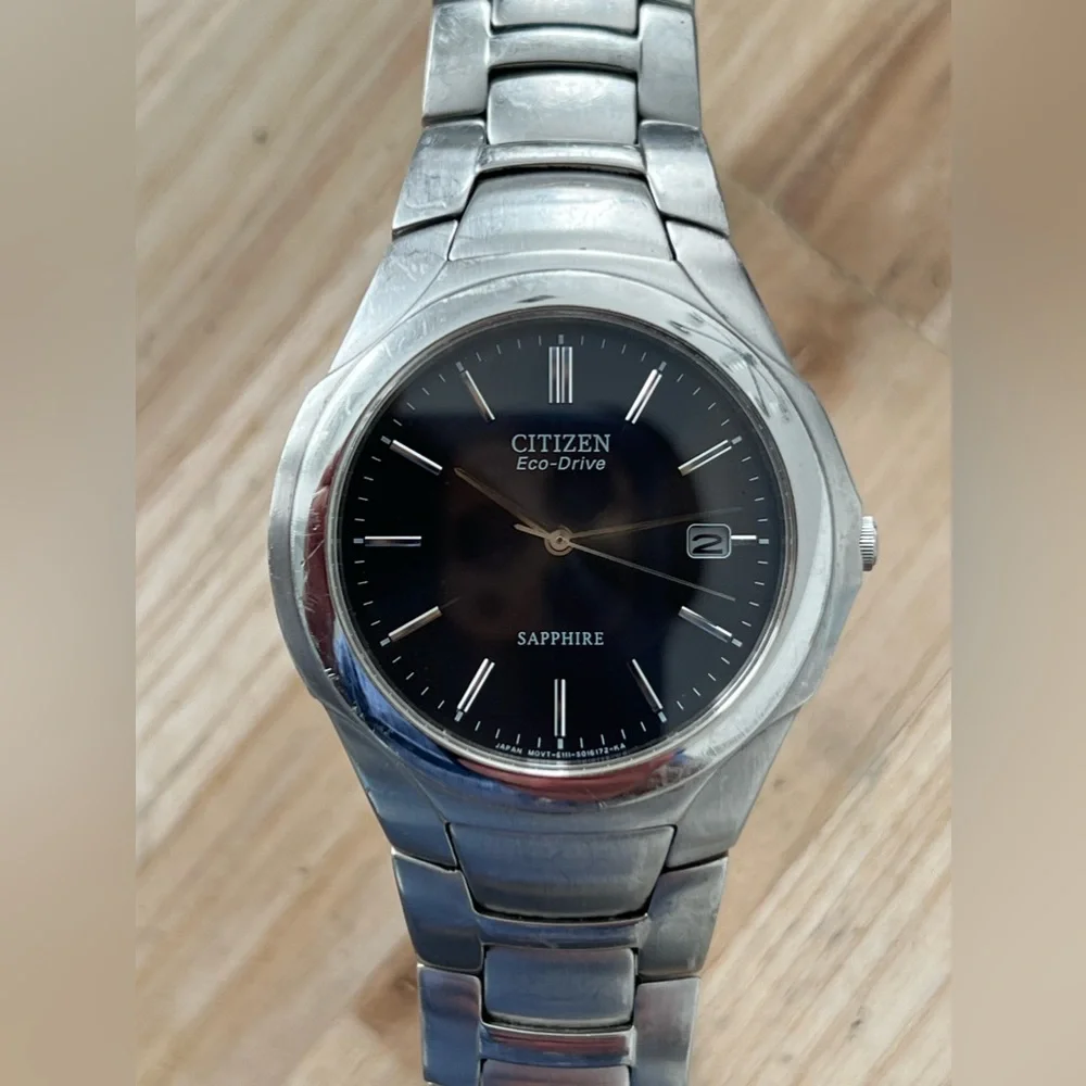 Citizen Eco-Drive Sapphire Men’s Solar Watch Black Dial Stainless Bracelet Date